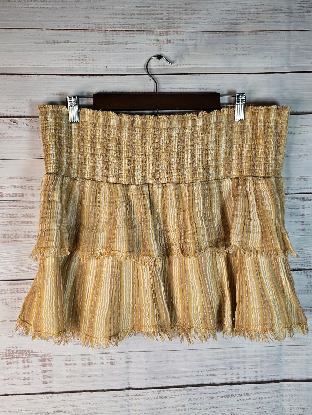 Aerie XL Mustard Striped Smocked Tiered Ruffle Mini Skirt Boho